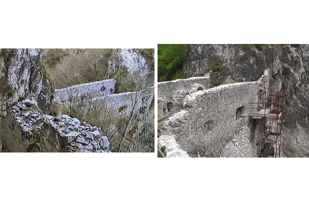 Il ponte sopra il cortile nella vecchia foto è coperto dai rami più alti delle piante del cortile. Ora è libero e ripulito. C'è ancora l'impalcatura dei lavori.