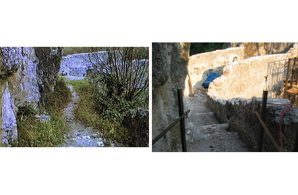 Il camminamento verso il ponte è stato pulito e sono stati ripristinati alcuni gradini. Nella vecchia foto si vedeva solo erba ovunque.