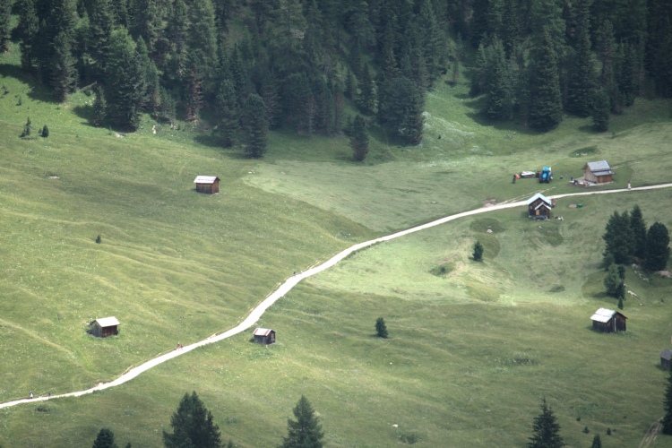 Zoomata sui prati dove i contadini tagliano il fieno. La strada bianca attraversa i prati pieni di casette di legno.